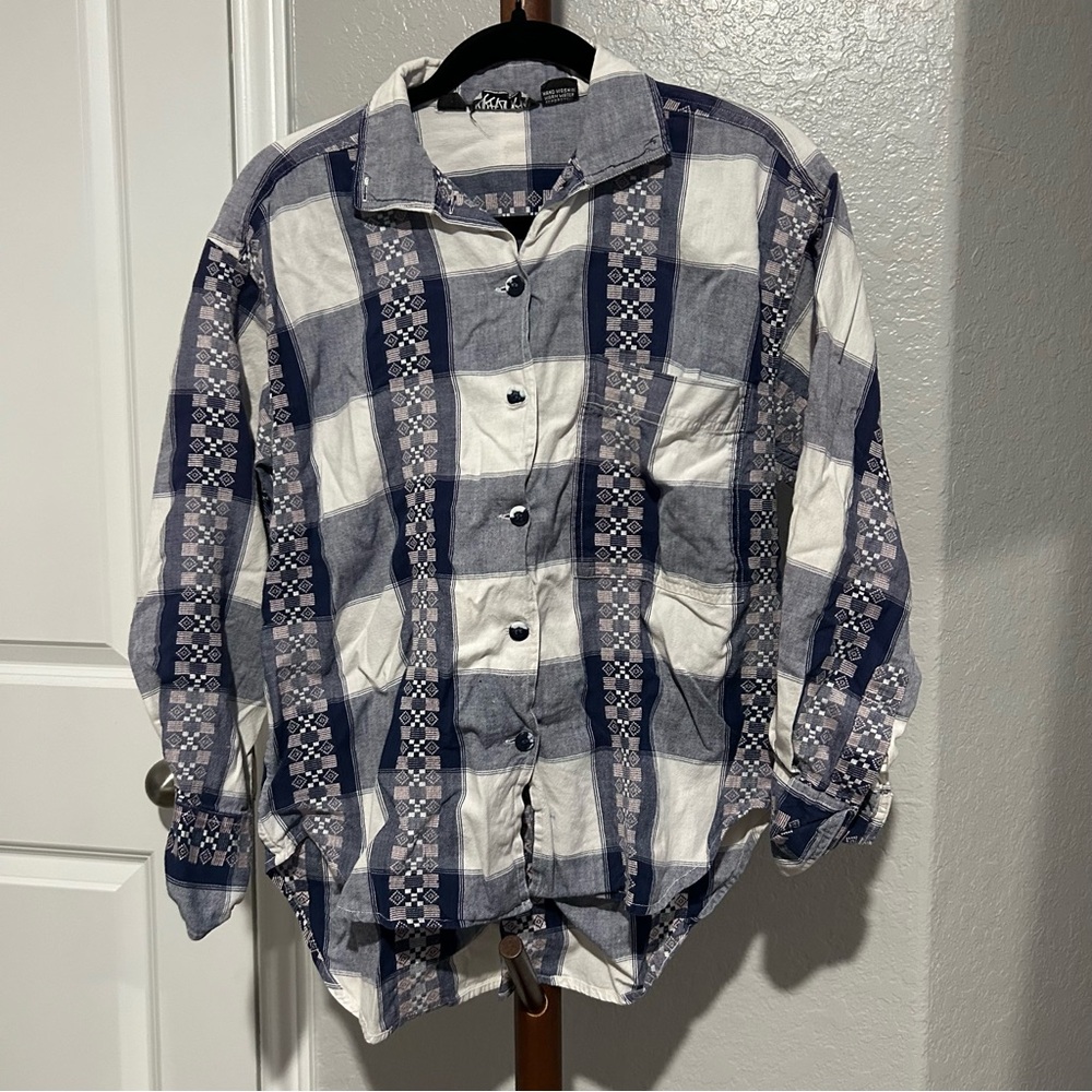 Vintage Krazy Kat Blue & White Aztec Pattern Plaid Button Up Shirt Size S |A111 - Picture 9 of 11